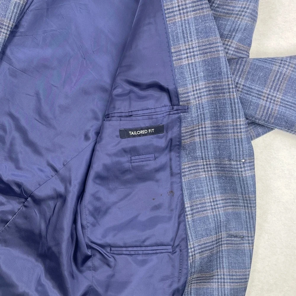 Jos A Bank Blue Glen Windowpane Plaid Silk Linen Sport Coat Tailored Fit 44R